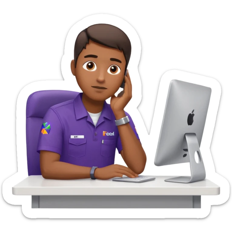 emoji of a man sitting at the table with an imac on it, a man is sitting in a very thoughtful pose, he has his hands on the table and his head resting on themб he look into the screen of imac, he is dressed in FedEx delivery uniform sticker