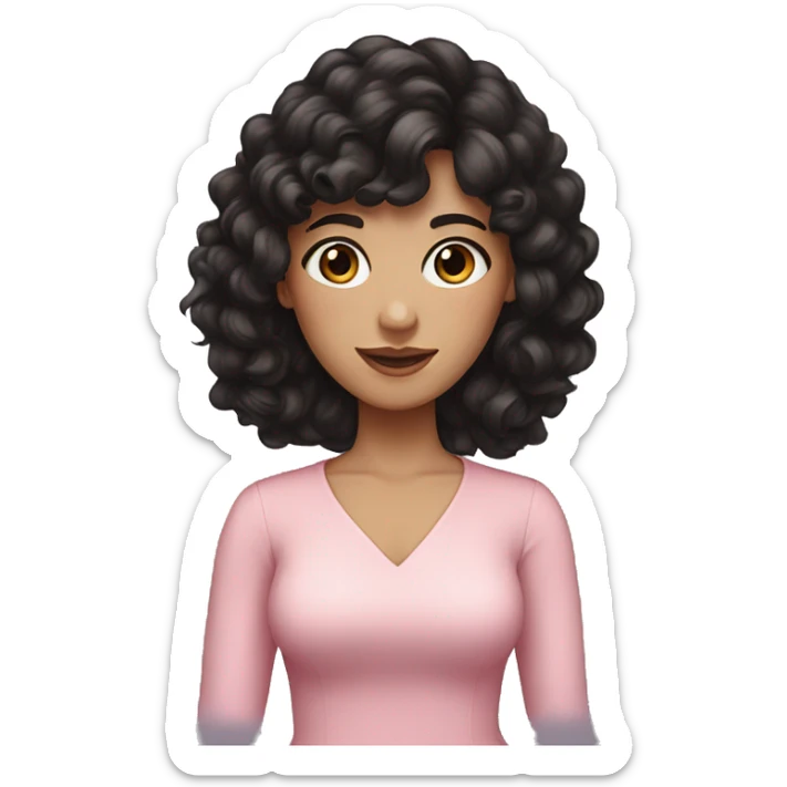 White woman with long black curly hair and bangs and dark brown eyes, wearing a pastel pink dress sticker