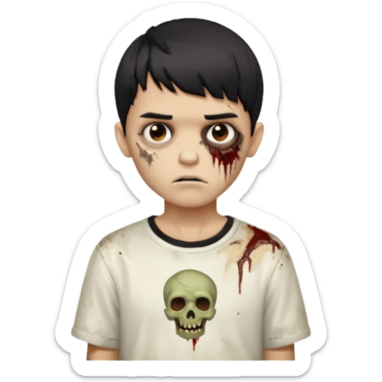 garoto zombie de cabelo liso preto com volume no formato de tigela, olhos marrom escuros, camisa branca, pele morena mas mais branca do que morena sticker