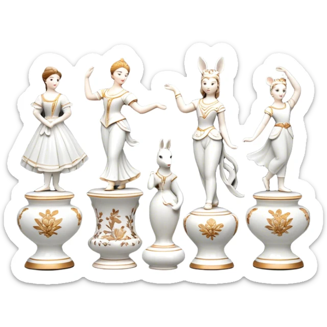 Icon for Porcelain Figurine Collecting: a collection of delicate porcelain figurines, such as animals, dancers, and historical characters, displayed on a shelf or in a display case. The icon should convey the elegance and artistry of collecting porcelain statues. Transparent background. sticker