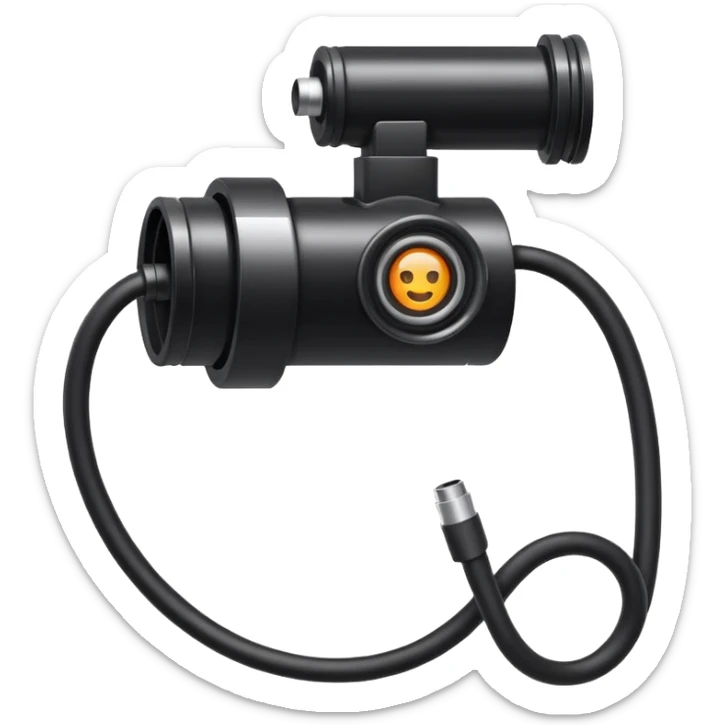Apple emoji style icon of an endoscope. A minimalist coiled black tube ending in a glowing camera tip. Glossy, rounded sticker