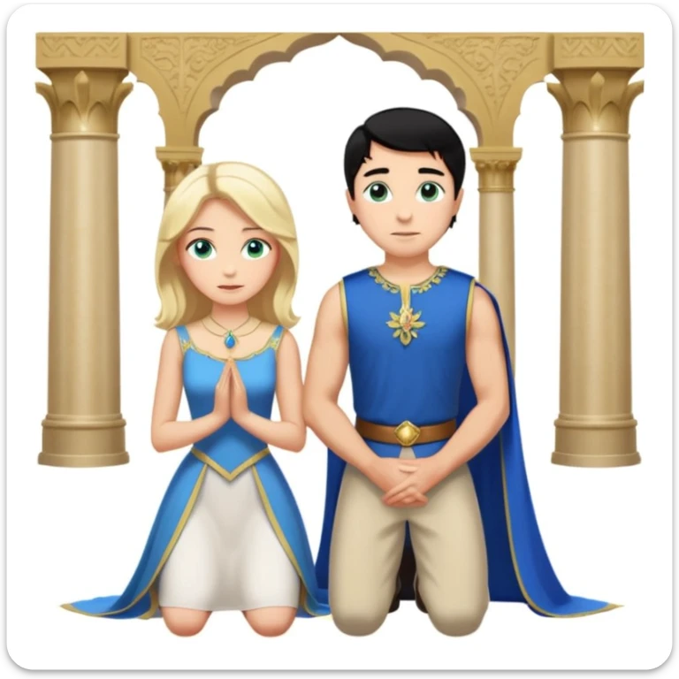 Man as king, black Hair, blue eyes, woman, blonde, green eyes, shott white sleveless Dress, kneeling, background palace sticker