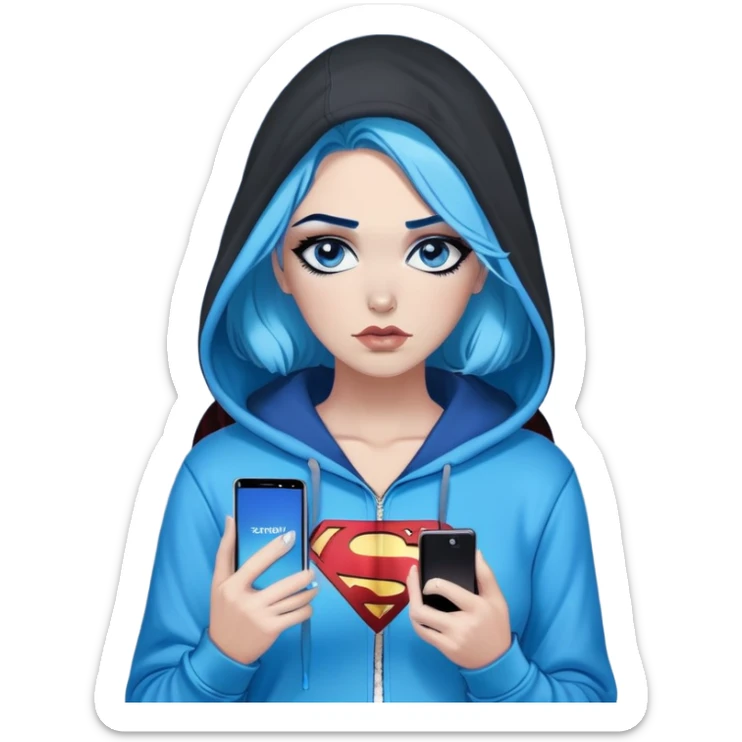 Thought bubble saying I'm sorry-Female-very very very large chest-texting on a samsung cell phone-very long straight black to sky blue hair ombre-blue eyes-black eyeliner-long eyelashes-unzipped hoodie with glitter superman logo-leggings-lippierced sticker
