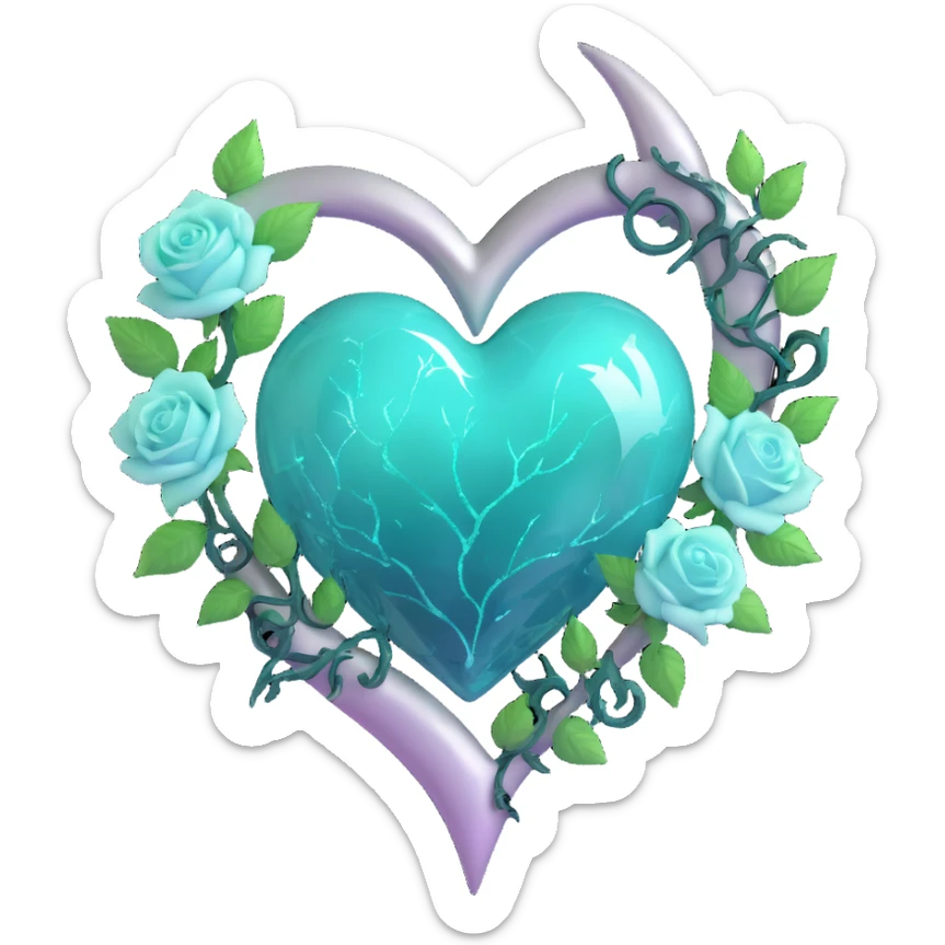 gothic heart made of teal glass, silver crescent moon, mint green roses, holographic stardust, neon white lightning, drenched and splintered glass sticker