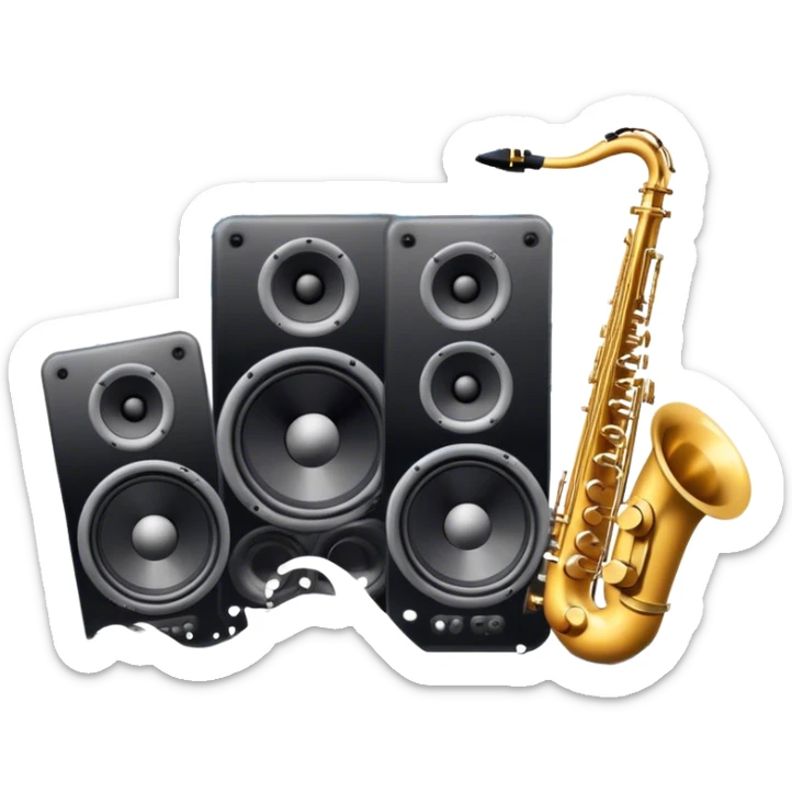 Icon for R&B Music Listening: large concert speakers and headphones with waves of musical notes coming out, along with drums, bass guitar and saxophone. The icon should convey the energetic and rhythmic vibe of R&B music. Transparent background sticker