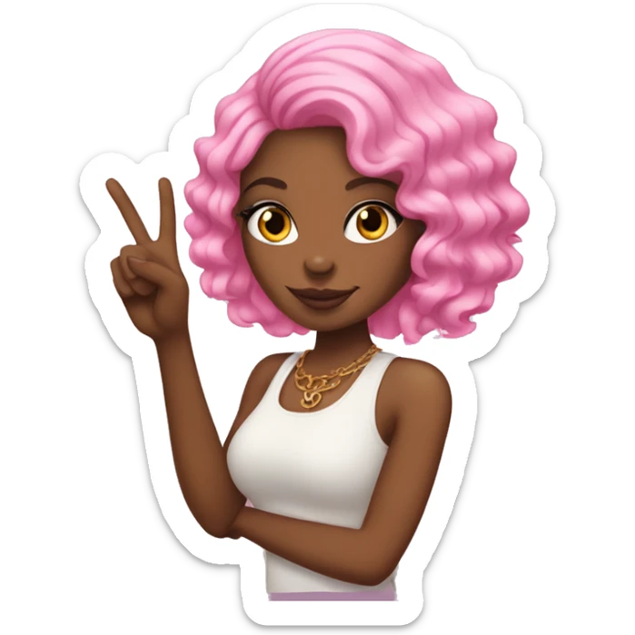 Pink haired African American woman  putting up peace sign with pink nails sticker