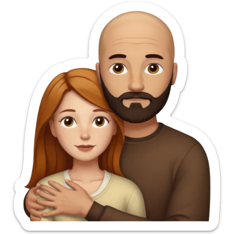 Couple. Bald man with dark brown-black beard. White woman with many small, faded freckles, she has white skin and she has auburn-yellow-brown-cinnamon, dark long hair. She has light brown eyes. The man have hazel eyes. Retro style. They hug. sticker