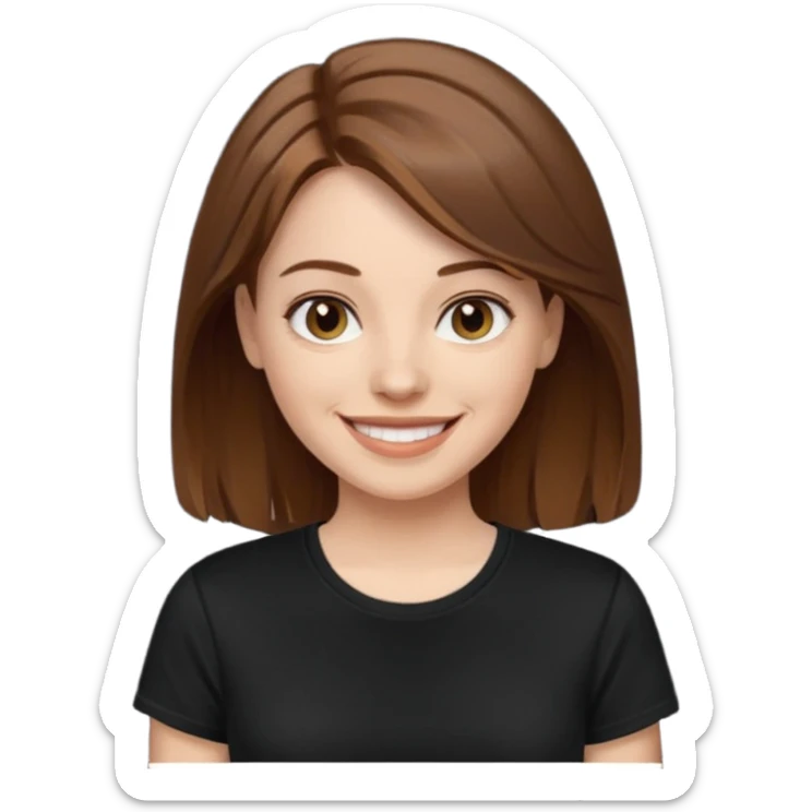 white woman emoji. Black t-shirt. Short and bround hair. smiling. transparent background. reference attached. sticker