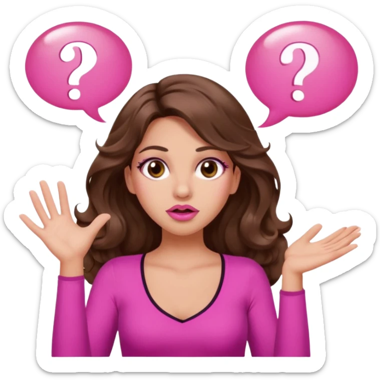 girl with long wavy brown hair, brown eyes, long lashes makeup, sexy pink lips, light to medium complexion, pink sexy top, two hands up, shrugging, confused question mark bubble sign sticker