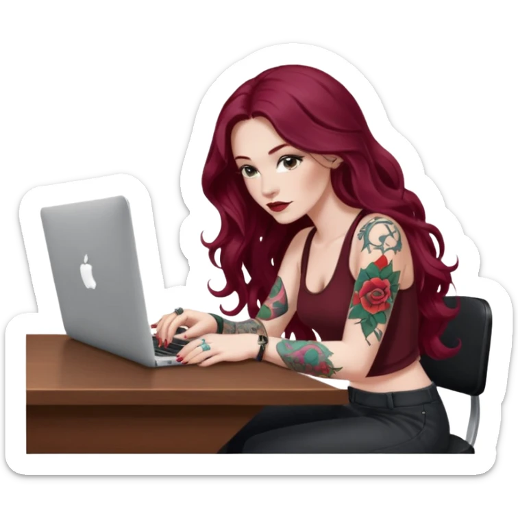 Realistic Macbook pro, side view of female, long burgundy wavy hair, pale skin, with tattoos, graphic designer, sitting at work desk with MacBook open, still view, sticker