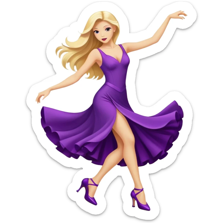 long blonde hair, dancing a tango in a purple dress and purple heels  sticker