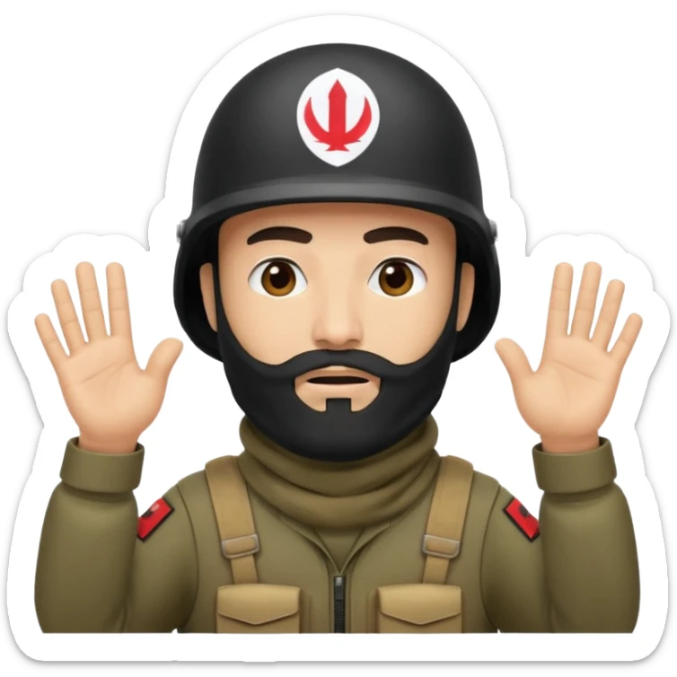 surrenders, depicts an Iraqi soldier from 1980, with a beard, in a helmet, with a balaclava, with a sad face and raised hands sticker