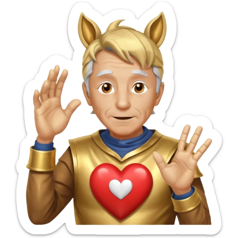 An elderly man with golden skin, his body shining like polished metal, wearing a horse cosplay costume with horse ears and a tail. He is making a heart shape with his hands and blushing slightly, showing a shy and embarrassed expression. sticker