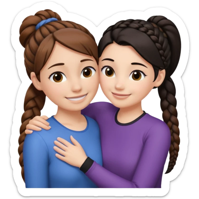 Comforting Hug two white skin women, one shorter woman with brown hair in top ponytail, not braided, and one taller woman with black hair in long side braid sticker