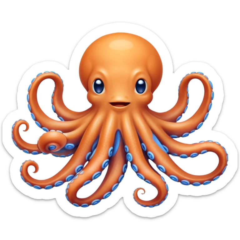 Beautiful and Majestic smiling Octopus Portrait Emoji, Head and body resting in serene repose with a gentle, content smile, showcasing a soft, light orange form adorned with elegant blue rings and delicately arranged arms, Simplified yet exquisitely endearing features, highly detailed, glowing with a soft, drowsy underwater light, high shine, relaxed and utterly enchanting, stylized with an air of majestic aquatic beauty, soft glowing outline, capturing the essence of a beautiful and majestic octopus that embodies the enchanting spirit of the deep! sticker