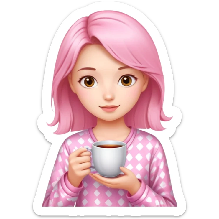 beautiful sweet girl in pink pajamas and tea in her hand  sticker