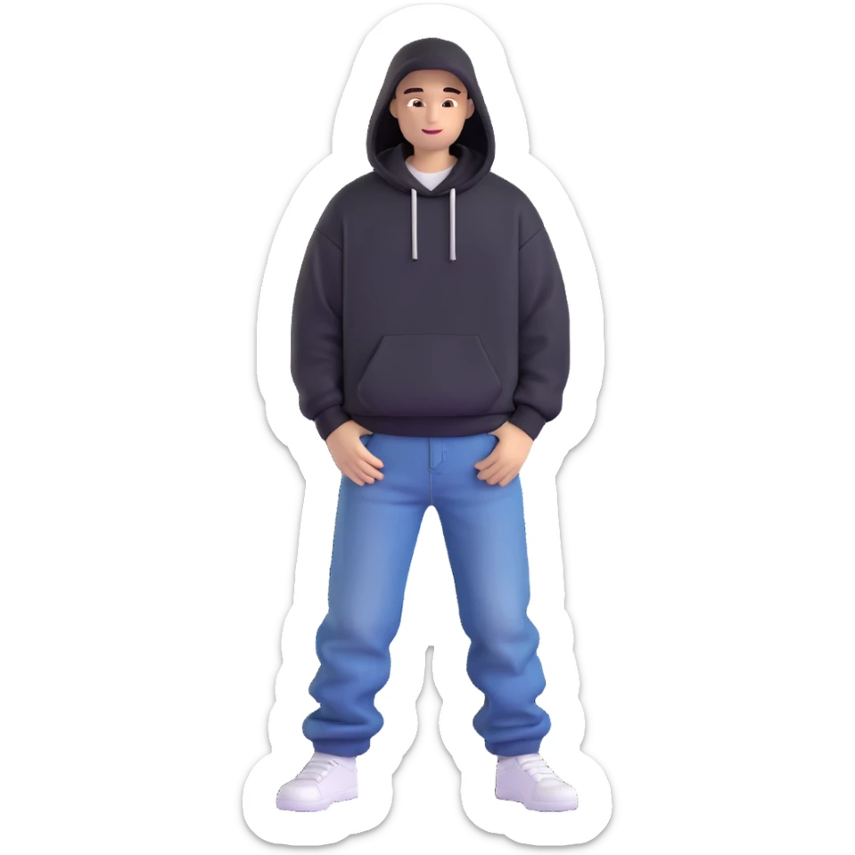 person named Les wearing wide jeans and a black hoodie sticker