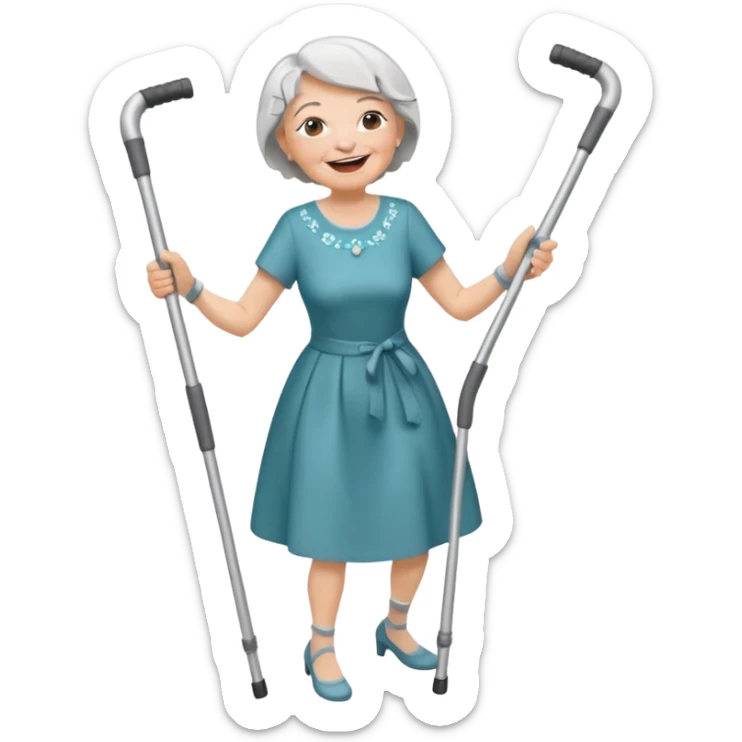 elderly woman with pants, short grey hair, laughing and dancing th crutches sticker
