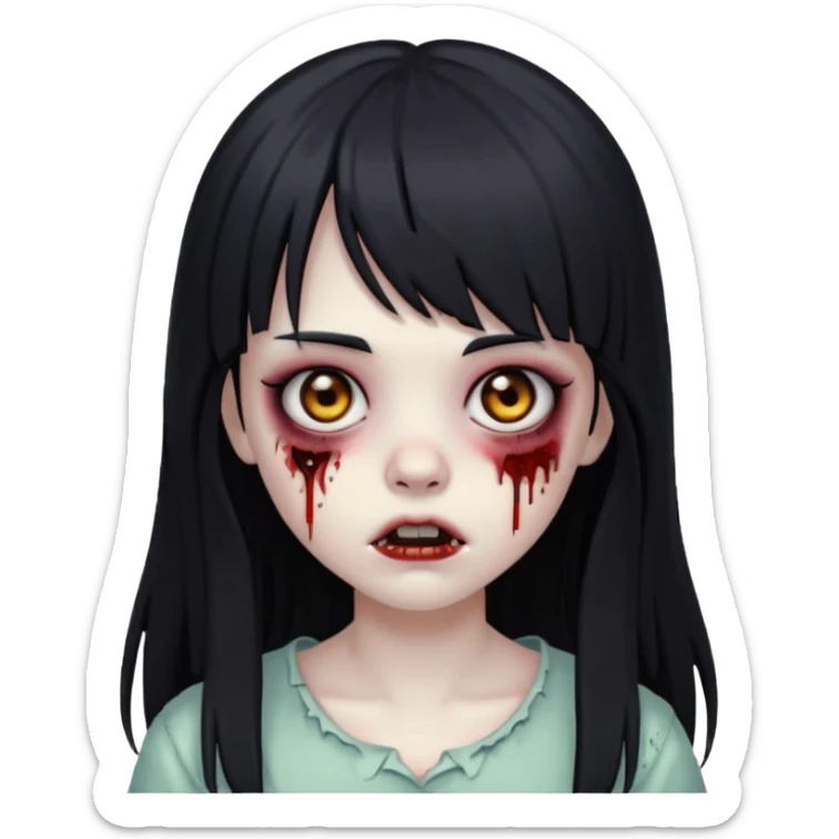 dark style zombie girl emoji with black eyes, long black hair and bangs sticker