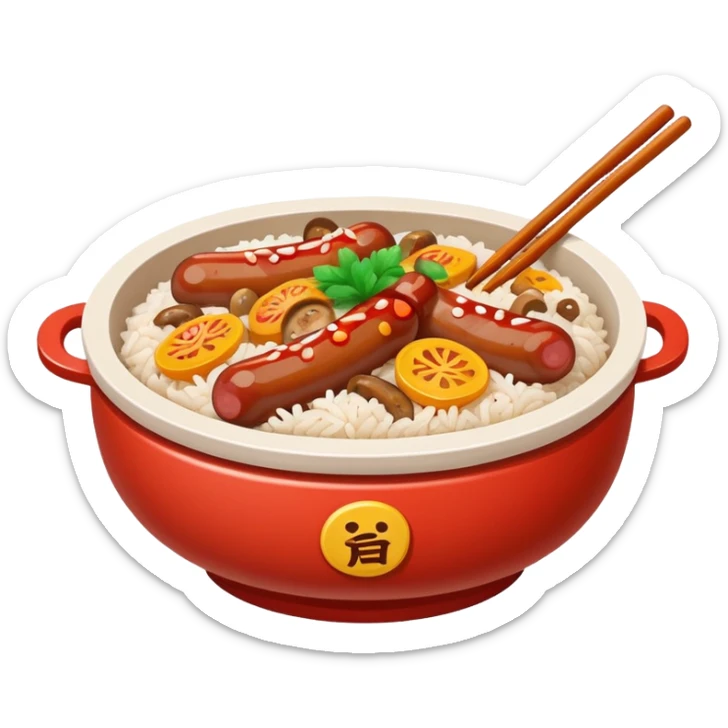 Guangdong clay pot rice with toppings and sauce, simplified emoji style with bold outlines and bright colors, cartoon style Cantonese Bo Zai Fan sticker