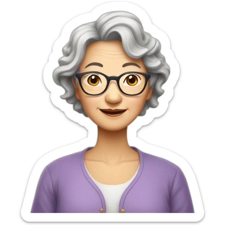 Chinese senior lady wear glasses has wavy long hair show love sign sticker