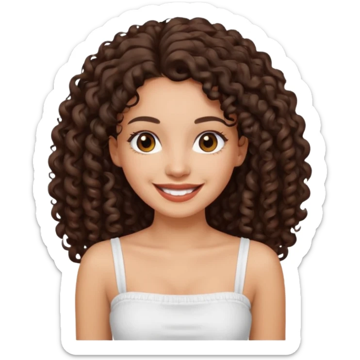 Woman with light skin and dark brown eyes and dark brown long curly hair and white tube top sticker