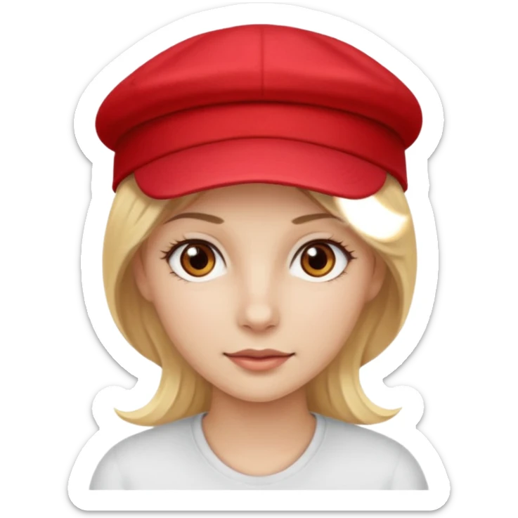 A blonde woman with light brown eyes with white skin and wearing a red cap sticker