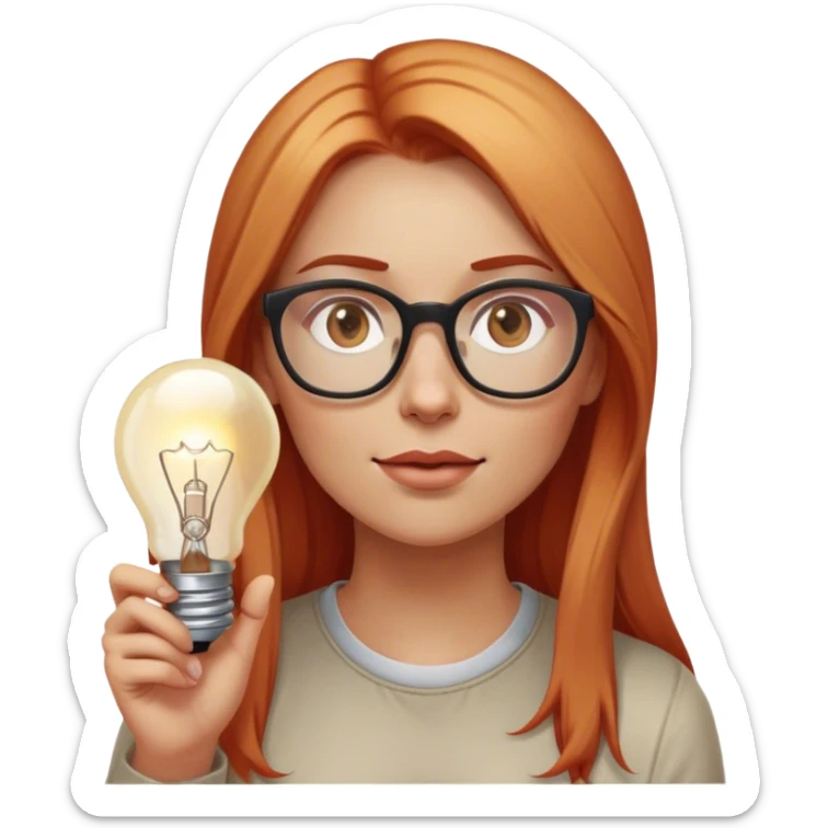 intelligent and clever, 30 year old, girl, long red and almost blond hair, glasses, has an brillant idea, light bulb over the head, casual cloth  sticker