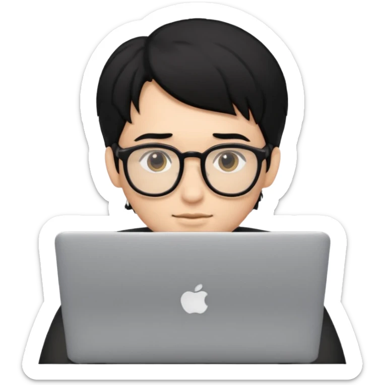 Guy with 3 inch long black hair and glasses on his laptop sticker