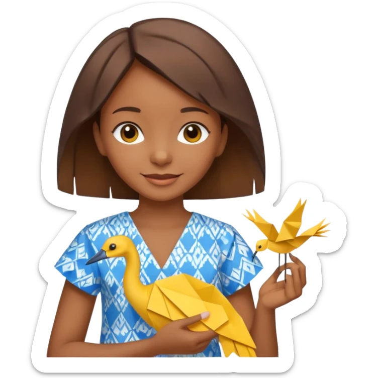 happy-african-young-girl-with-brown-hair-in-a-white-colorful-vintage-kanga-shirt-holds-an-origami-yellow-and-blue-crane sticker