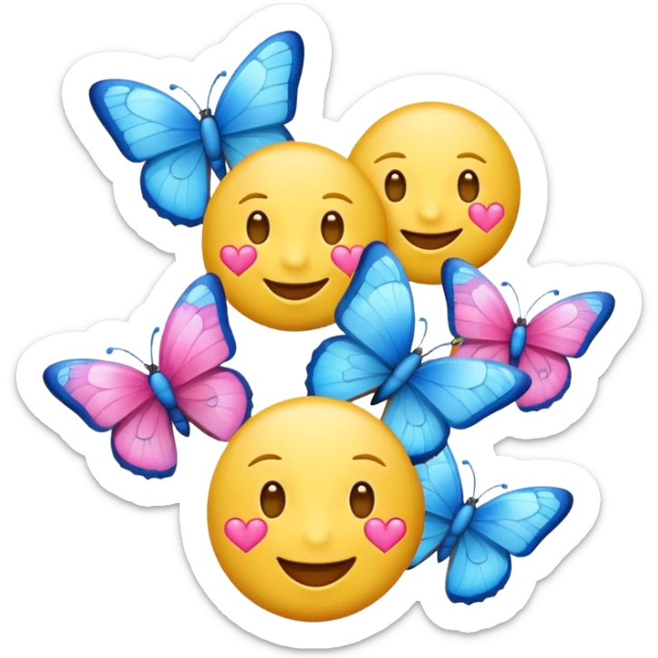 happy emoji face with pink hearts and blue butterflies around it sticker
