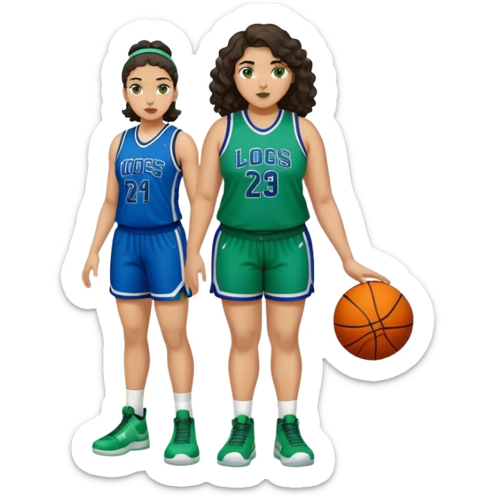 full body plus size light skin latino women basketball player with wavy dark hair large wide nose wearing blue with green uniform sticker