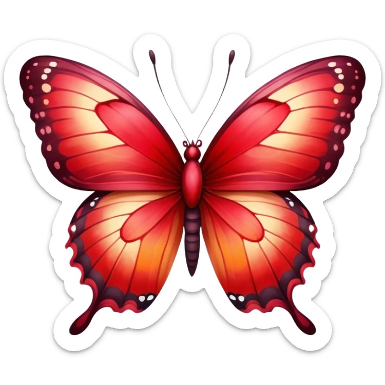 A striking butterfly with fiery red wings fading into crimson and soft cherry tones, a hand-painted look." sticker