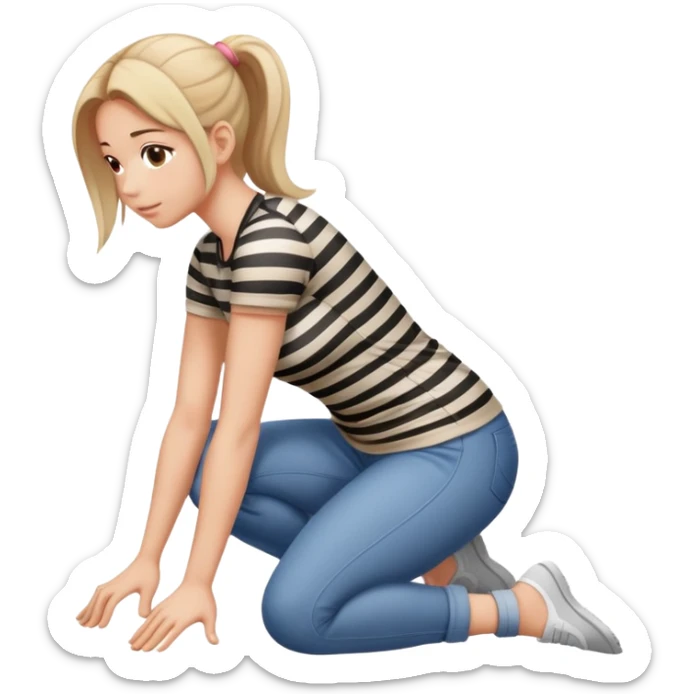 female figure in casual outfit with striped top kneeling on ground, back view sticker