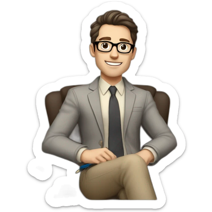 Pale skinned Fit Man With dark brown hair in gray jacket, beige office shirt, Brown pants and vintage glasses sitting In a soft chair with a notebook on spring with emblem Ψ and a pen sticker