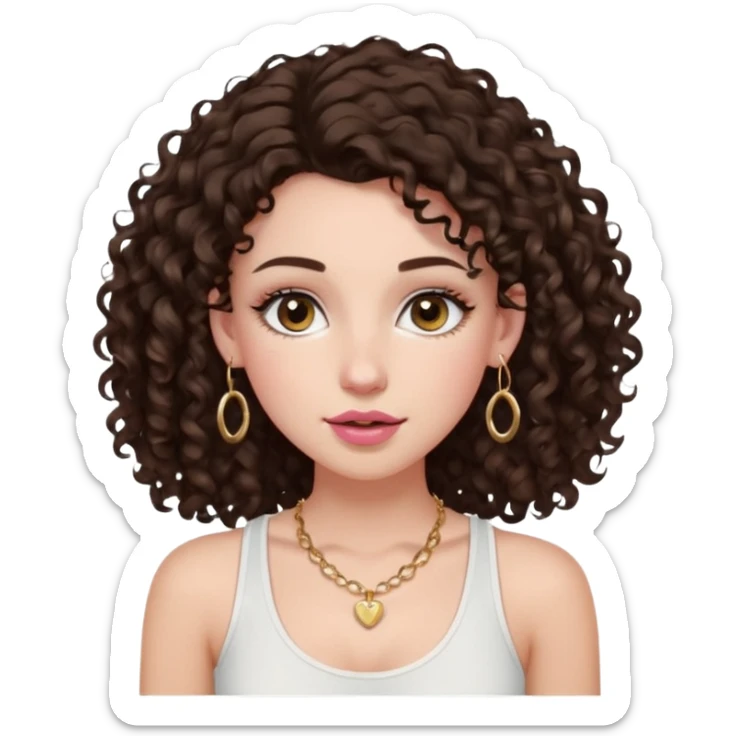 white girl with long dark brown curly hair with a little volume wearing a white tank top. Blush on the cheeks and big eyelashes and a brown-pink lip combo. gold hoops as earrings(medium size)  and a small gold hoop for a nose ring  and a square small denty gold necklace  sticker