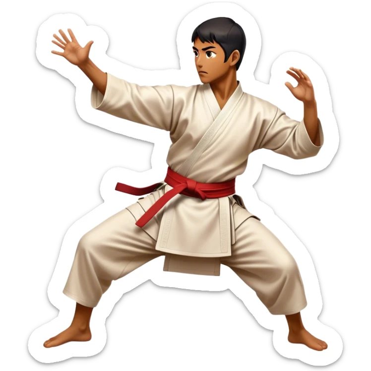 Cinematic Realistic Kung Fu Action Emoji, depicted as an epic martial arts scene with a master executing a precise move in traditional attire, rendered with fluid motion and vibrant textures under dramatic high-contrast lighting. sticker