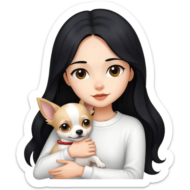 Fair skin girl - long black hair - white clothes - hugging a chihuahua sticker
