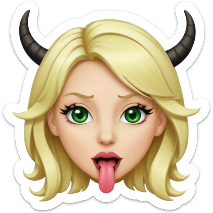 Emoji femme blonde habillée en noir cheveux blond, yeux vert avec de long cils noir qui tire la langue et à des cornes  sticker