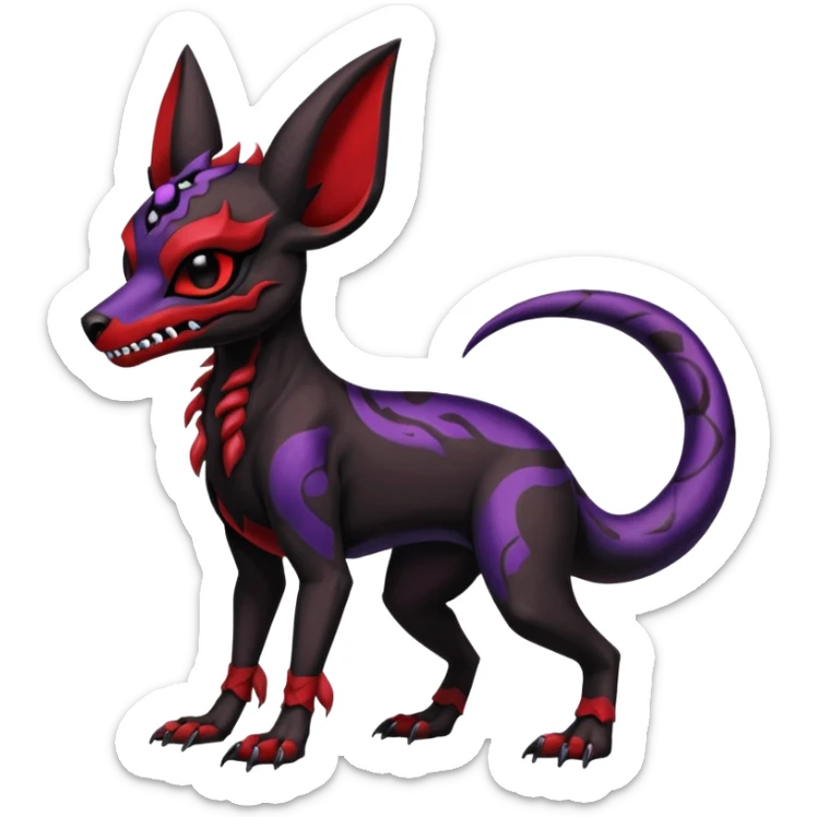 Gothic Black red purple Scaley Exotic Salandit-Umbreon-Houndoom-Fakémon-hybrid-creature (full body), 4 legs, skull face mask sticker