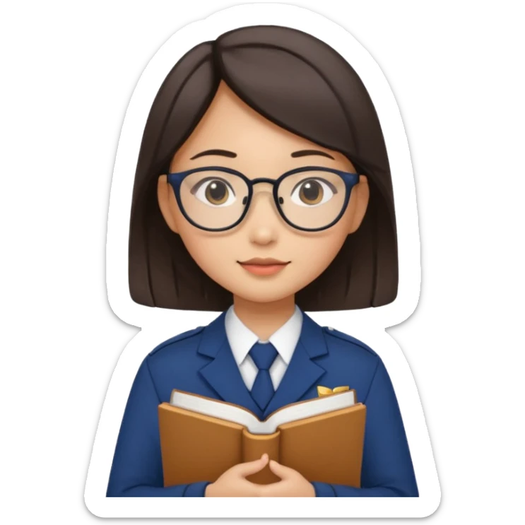 A student, asian girl, wearing glasses, uniform, hold book in front of their chest sticker