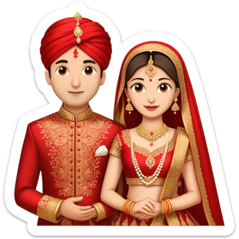 Indian married couple in traditional wedding attire, bride in red and gold wedding lehenga or saree, groom in sherwani, both with fair skin, groom is clean shaven sticker