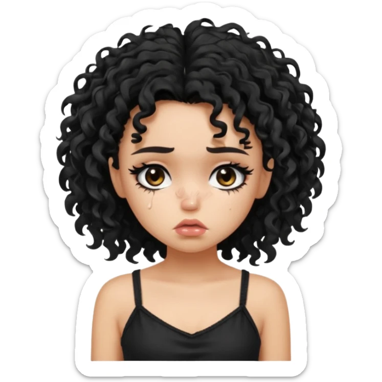 generate a pretty fair bratz girl with black messy curly hair looking sad . Wearing a black cami sticker