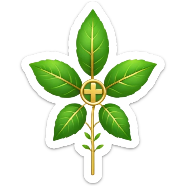 "A clean, friendly emoji of three vibrant green Tulsi (Holy Basil) leaves centered over a small, glowing golden cross or 'plus' sign, symbolizing healing. Simple, flat, 32x32 pixel icon style. Transparent background. Icon for natural healing and wellness." sticker