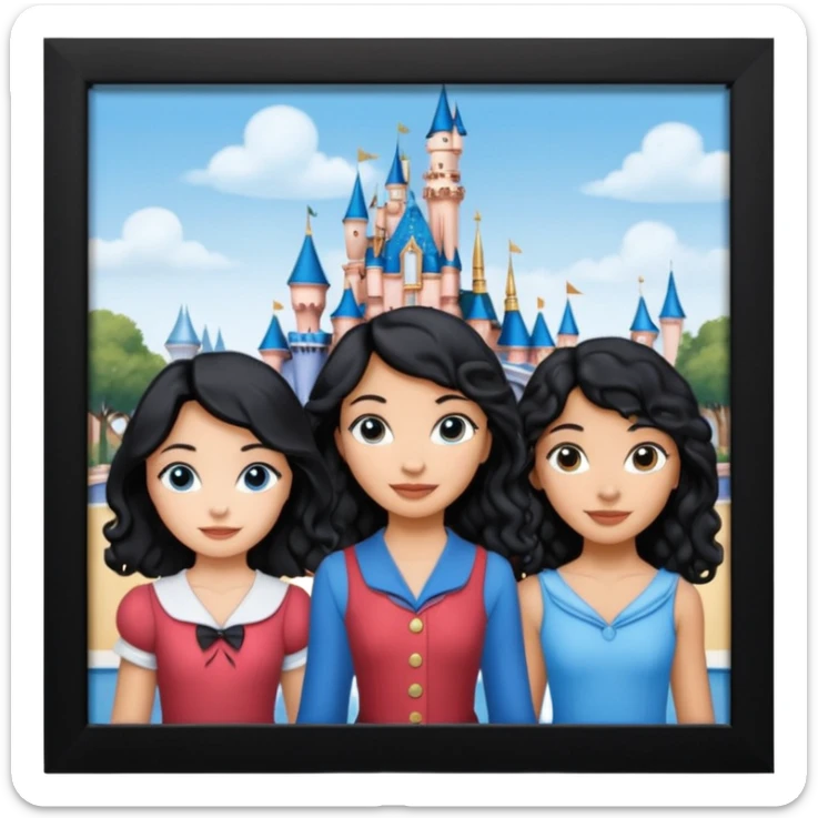 escribe el nombre Disneyland Paris y para titulo, pon a quatro chicas: una pelo corto negro, una pelo rizado largo, una pelo largo liso y la otra pelo ondulado mediano, esta con el ojos azules. Haz un cuadrado rectangular grande y por los lados pon a las chicas que te he descrito sticker