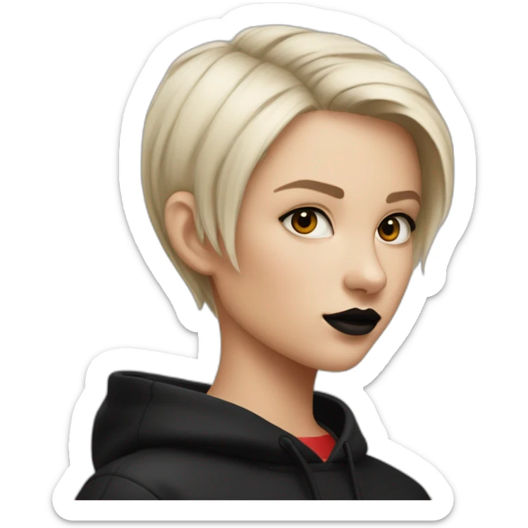 Tiny White girl lightly tanned with very short black dye haircut black eyes and black hair wearing black messa hoodie like alyx Vance and red lipstick  sticker