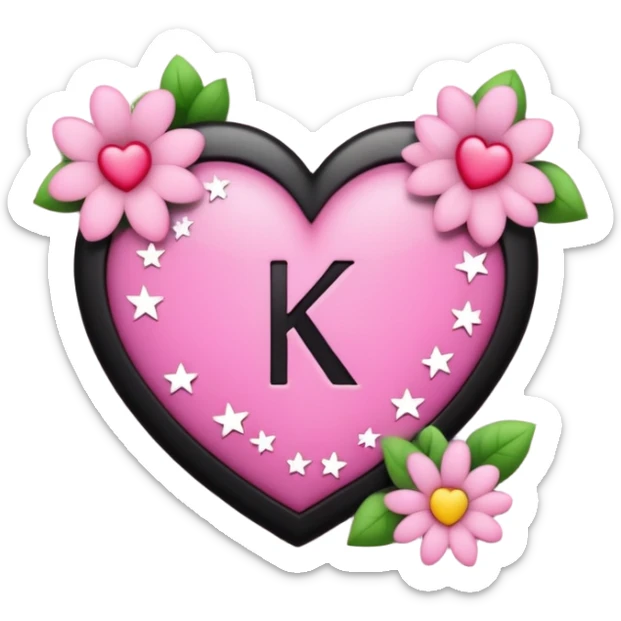 The letters KK in black font with a pink heart stars and flowers sticker