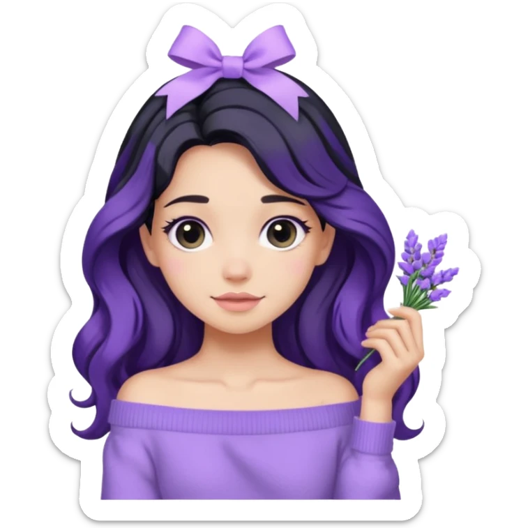 Girl with black wavy long hair and a lavender ribbon hair clip beside it make it look like wearing a lavender off shoulder sweater  sticker