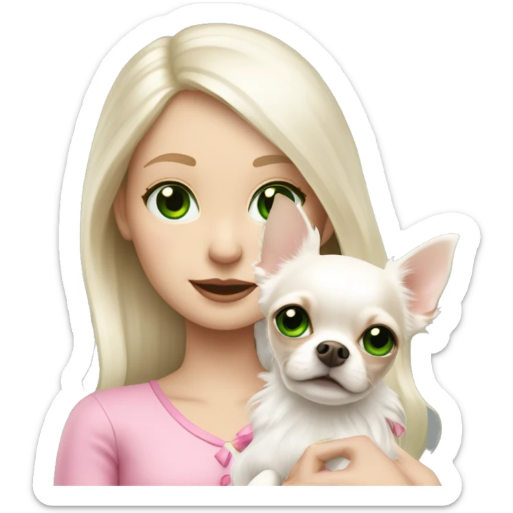 pale blond girl with long platinum white hair with bright green eyes holding a white chihuahua that wearing a pink bow sticker