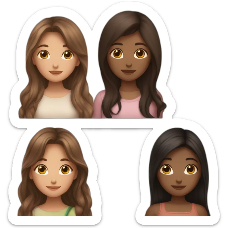 one girl long dark hair and clear skin and one girl long brown hair and darker skin hugging sticker
